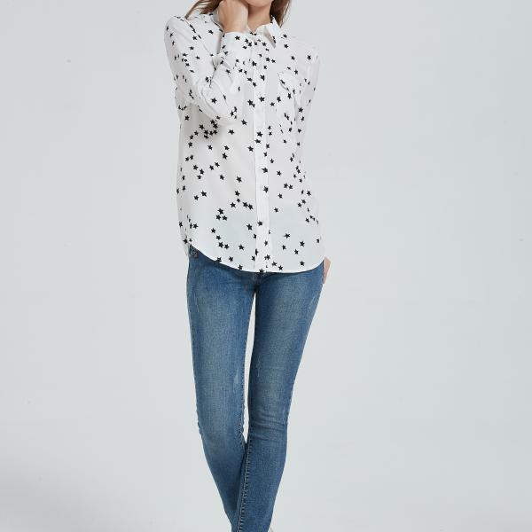 Women's 100% Silk Long Sleeve Star Print Blouse-white - 副本