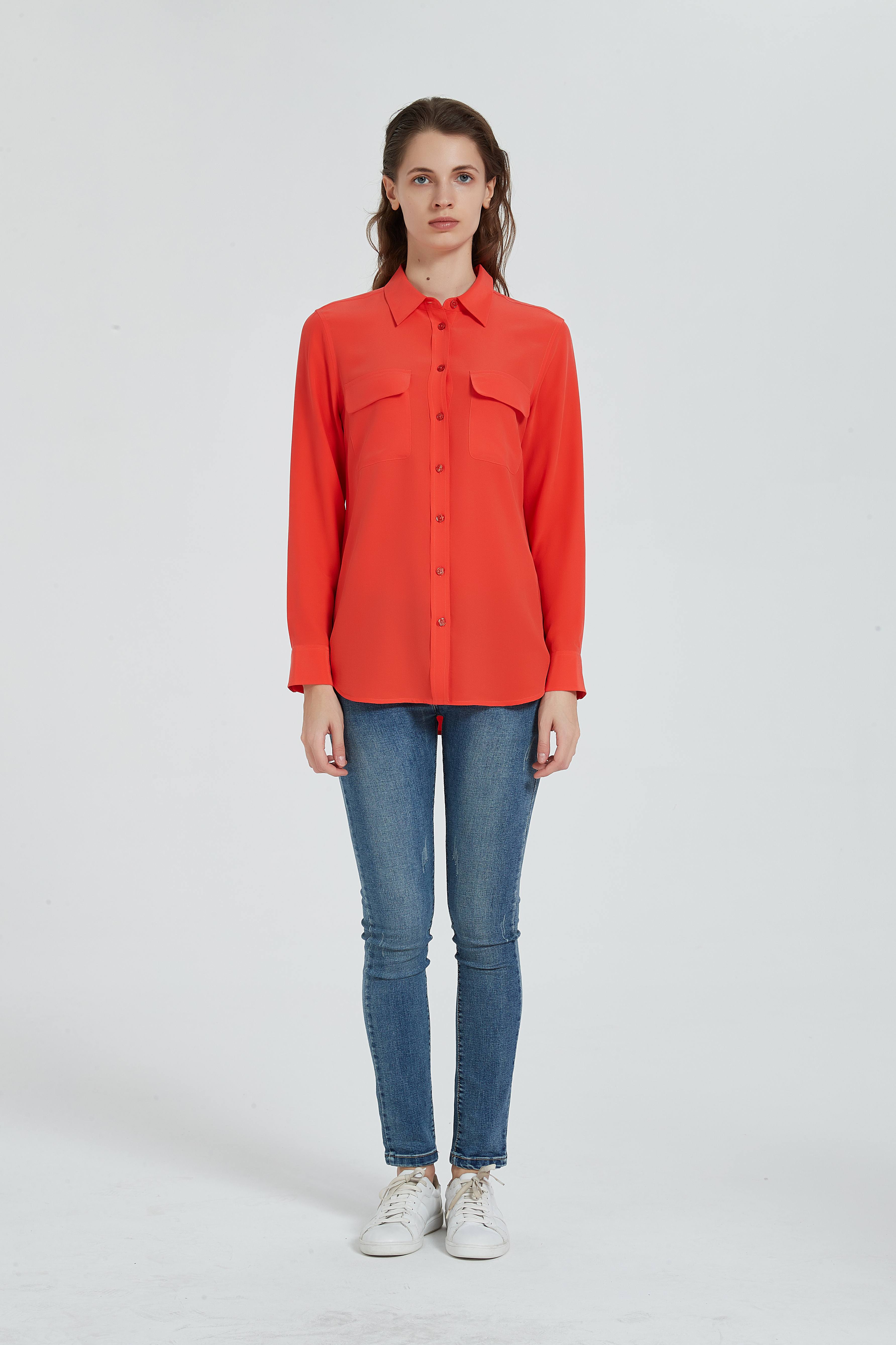 Women's 100% Silk Long Sleeve Blouse, red