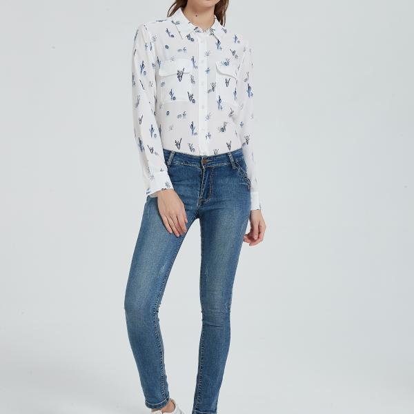 Women's 100% Silk Long Sleeve Cactus Print Blouse