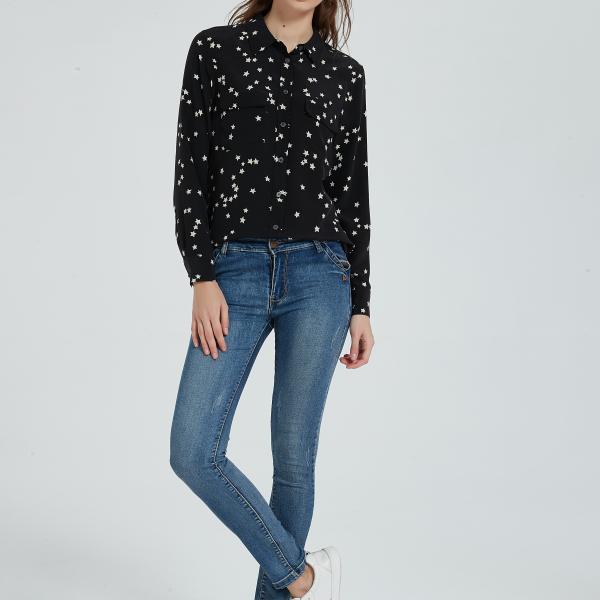 Women's 100% Silk Long Sleeve Star Print Blouse-black white