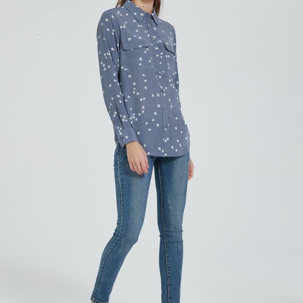 Women's 100% Silk Long Sleeve Star Print Blouse-blue white